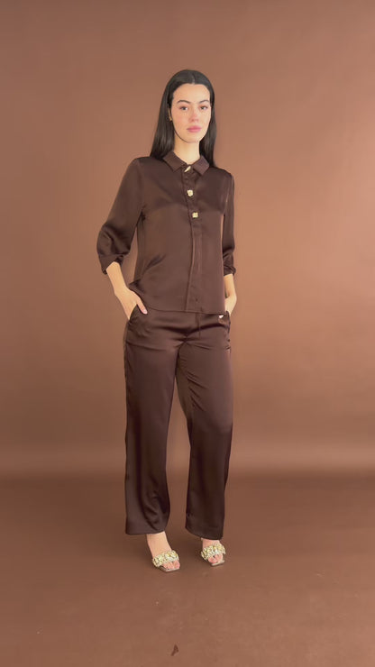 Pantalón Café De Satin Pierna Ancha
