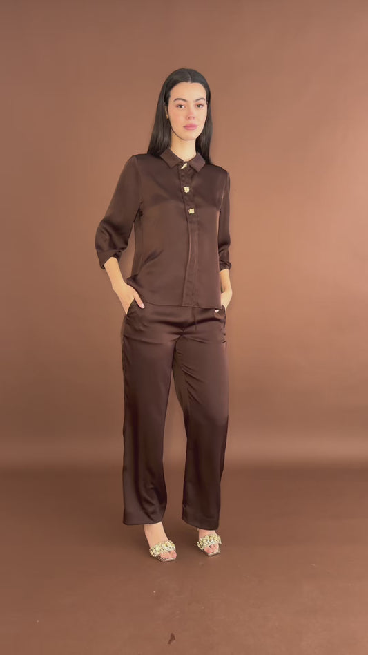 Pantalón Café De Satin Pierna Ancha