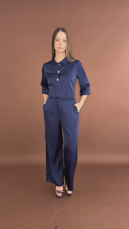 Pantalón Azul De Satin Pierna Ancha