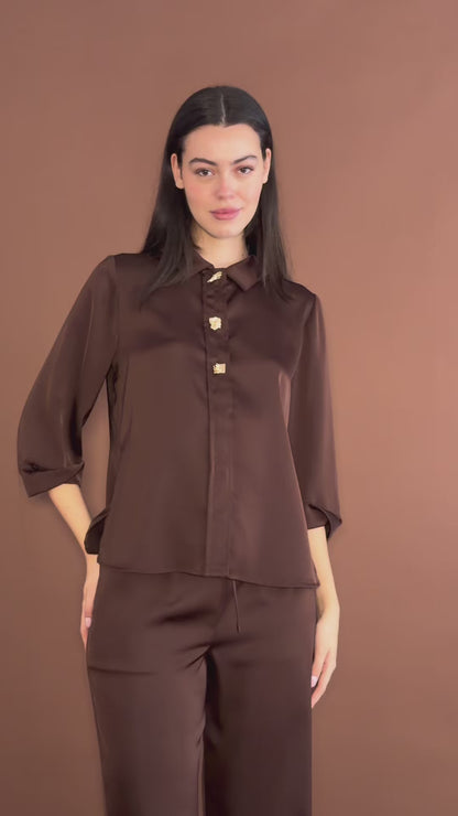 Blusa Camisera Cafe Satinada Con Botones