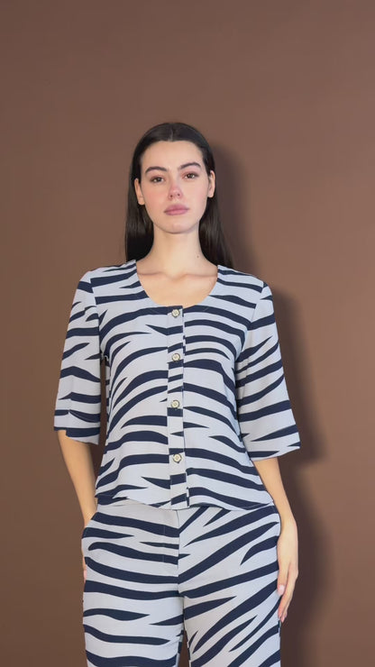 Blusa Estampada De Rayas Azules